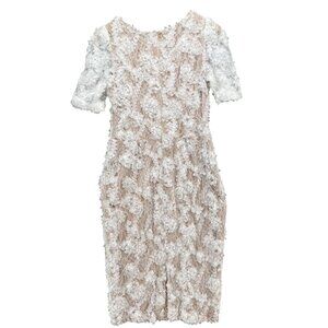 Aqua Formal Midi Dress White Lace Overlay Beige Lining Short Sleeve Sheath Sz 12